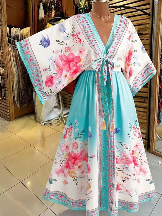 Dresses & Skirts - Boho Multicolor Women's Plus Size Elegant V-Neck Floral Maxi Dress